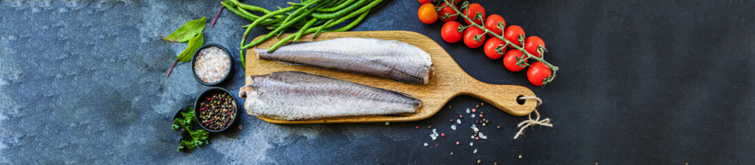 hake raw fish seafood ingredient serving size natural product top view place for text copy space  diet raw pescetarian