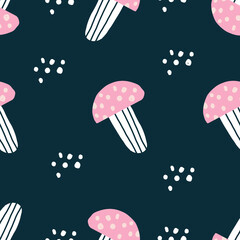 hand drawn Pink and navy blue seamless repeat cute doodle mushroom vector seamless pattern with dots. 