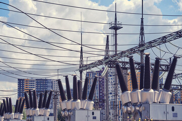 Electrical station with power transformers and measuring elements. Outdoor power plant.