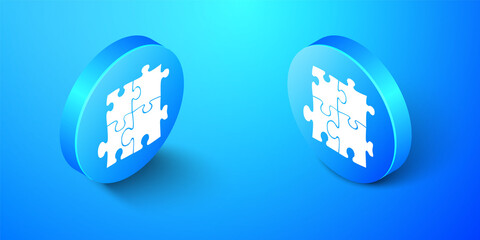 Isometric Piece of puzzle icon isolated on blue background. Business, marketing, finance, template, layout, infographics, internet concept. Blue circle button. Vector.
