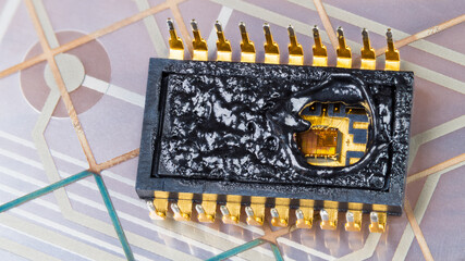 Inside of burned integrated circuit on flexible PCB membrane detail. Visible silicon wafer and fine gold wires in hole of molten microchip package DIP-20. Replacement of damaged electronic component.