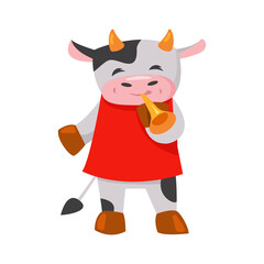 Cute cow with a trumpet. The symbol of the New Year. Vector illustration in flat style. Isolated on white.