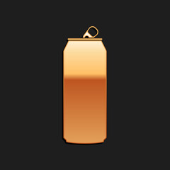 Gold Aluminum can icon isolated on black background. Long shadow style. Vector.