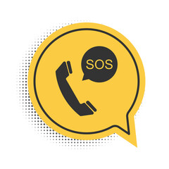 Black SOS call icon isolated on white background. 911, emergency, help, warning, alarm. Yellow speech bubble symbol. Vector.