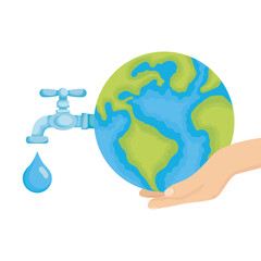 hand lifting world planet earth with water faucet open