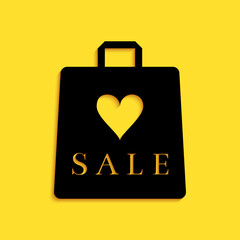 Black Shoping bag with an inscription Sale icon isolated on yellow background. Handbag sign. Woman bag icon. Female handbag sign. Long shadow style. Vector.