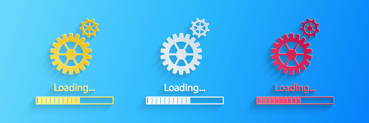 Paper cut Loading and gear icon isolated on blue background. Progress bar icon. System software update. Loading process symbol. Paper art style. Vector.