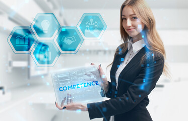 Business, Technology, Internet and network concept. Young businessman working on a virtual screen of the future and sees the inscription: Competence