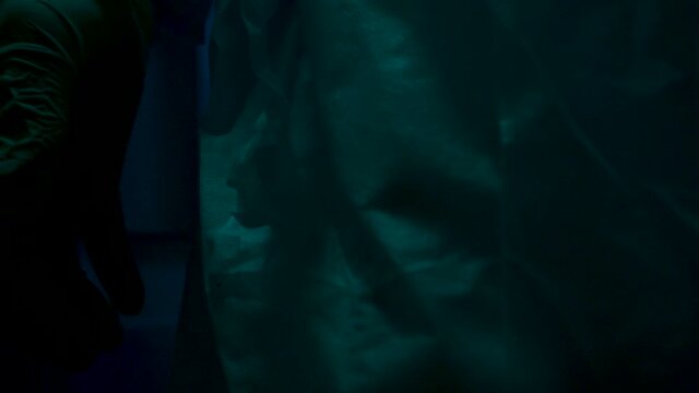 Close-up of gloved hand and protective suit. Stock footage. Protective medical gloves on hands of creepy doctor in dark. Creepy doctor killer on dark background with flashing light