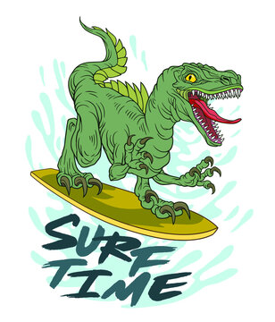 Dinosaur on a Surfboard. Surfing vector. For t-shirt prints and other uses. Vector illustration on white