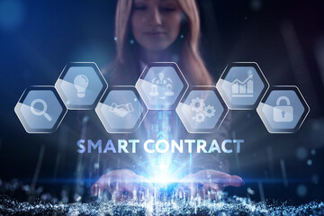 Business, Technology, Internet and network concept. Young businessman working on a virtual screen of the future and sees the inscription: Smart contract