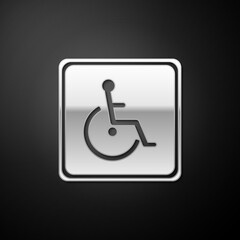 Silver Disabled handicap icon isolated on black background. Wheelchair handicap sign. Long shadow style. Vector.