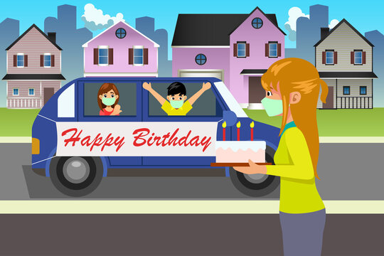 Friends Celebrating Birthday During Pandemic Vector Illustration