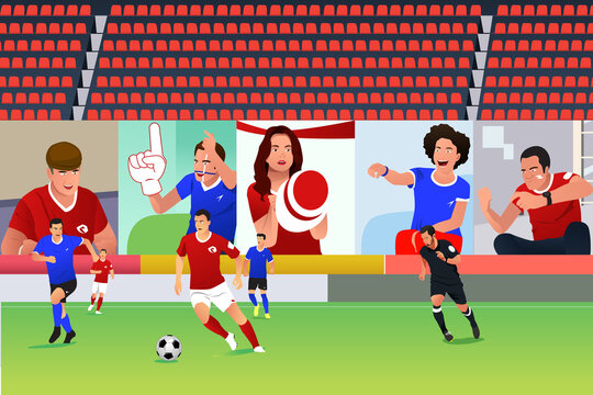 Soccer Match With Virtual Fans Vector Illustration