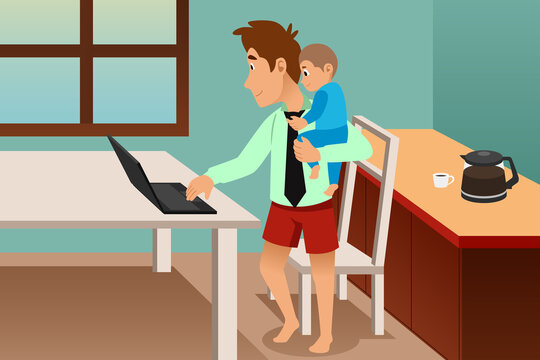 Man Carrying His Child While Working from Home Vector Illustration