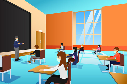 College Students Wearing Masks During Lecture Vector Illustration