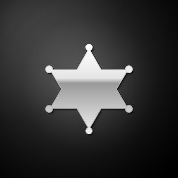 Silver Hexagram sheriff icon isolated on black background. Police badge icon. Long shadow style. Vector.