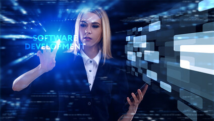 Business, Technology, Internet and network concept. Young businessman working on a virtual screen of the future and sees the inscription: Software development