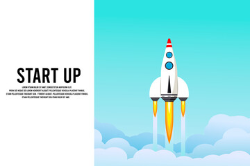 Rocket launch in the sky, cloud, smoke clouds, space. Space ship. interstellar travels. Business concept. Start up template. background. Simple modern cartoon design. Flat vector illustration.