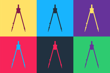 Pop art Drawing compass icon isolated on color background. Compasses sign. Drawing and educational tools. Geometric instrument. Education sign. Vector.