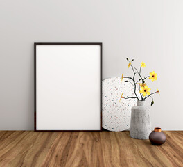 Frame Mockup Interior with marble circle concrete vase with yellow flowers and metalic brown small vase on wooden floor 