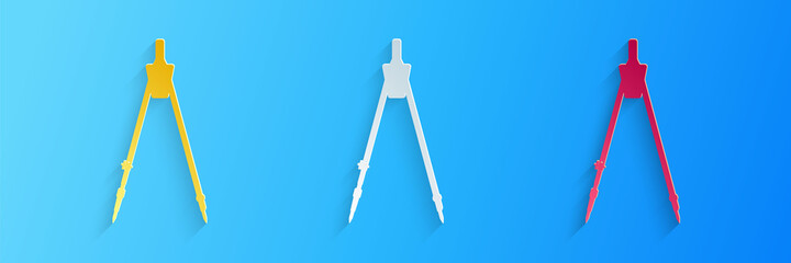 Paper cut Drawing compass icon isolated on blue background. Compasses sign. Drawing and educational tools. Geometric instrument. Education sign. Paper art style. Vector.