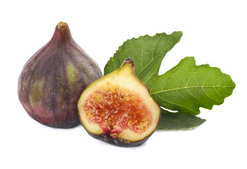 Tasty whole and cut figs with green leaf isolated on white