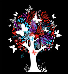Beautiful abstract tree made of flowers and butterflies. Vector illustration