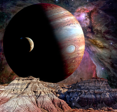 Conceptual shot of Jupiter and Io rising over the Jasper Forest, Petrified Forest National Park, Arizona, USA