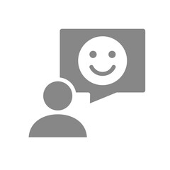 Person with speech bubble and happy face gray icon. Review, feedback symbol.