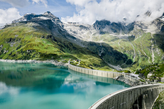 Aerial view of lake Mooserboden and dam wall, Kaprun High Mountain reservoirs, Salzburg, Austria