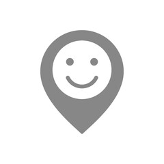 Location mark with happy face gray icon. Customer satisfaction, like, rating symbol.