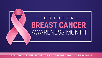 Breast Cancer Awareness banner design template - pink breast cancer ribbon, text 'Breast Cancer Awareness Month' on dark blue background - vector