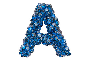 Letter A from blue diamonds or sapphires with brilliant cut. 3D rendering