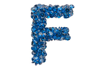 Letter F from blue diamonds or sapphires with brilliant cut. 3D rendering