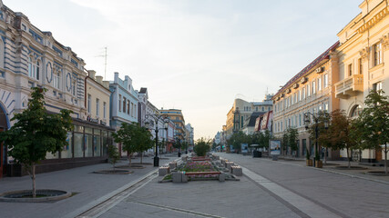 Samara. View of the pedestrian part of Leningradskaya street in the early morning.