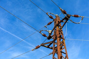 Energy concept. Ecological energy.Old rusty electricity poles and wires in rural field.