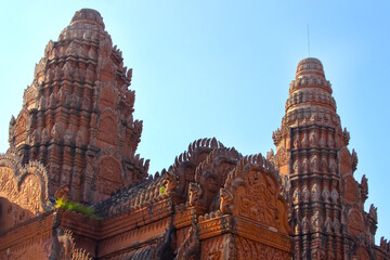 Pink Buddhist Temple Phnom Reap Monastery, two towers