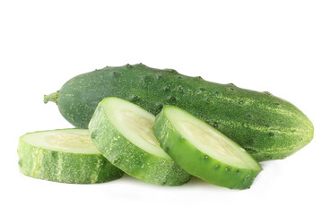 Fresh сucumber and slices isolated on white background