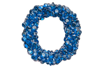 Letter O from blue diamonds or sapphires with brilliant cut. 3D rendering