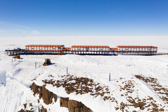 Aerial view of SANAE IV base surrounded by snow in Antarctica