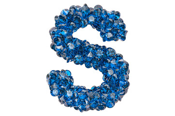 Letter S from blue diamonds or sapphires with brilliant cut. 3D rendering