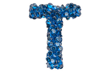 Letter T from blue diamonds or sapphires with brilliant cut. 3D rendering