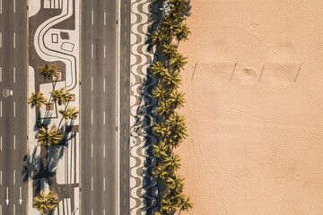 Aerial Top Down View Of Palm Trees On Empty Copacabana Beach, Alongside Famous Mosaic Sidewalk And Avenida Atlantica Road, During Coronavirus Lockdown In Rio De Janeiro, Brazil