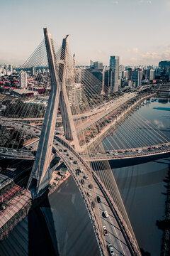 Aerial View Of Pinheiros River And Cable Stay Bridge During Peak Hour In Central Business District Of Sao Paulo, Brazil
