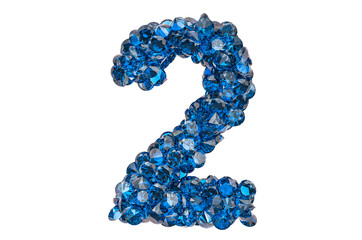 Number 2 from blue diamonds or sapphires with brilliant cut. 3D rendering