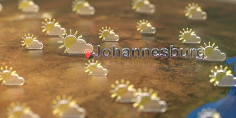 Johannesburg city and partly cloudy weather icon on the map, weather forecast related 3D rendering