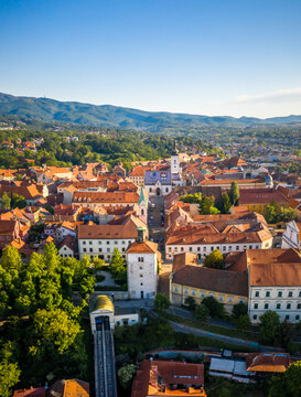 Aerial view of the city with mountains in the background on sunny day in Zagreb, Croatia