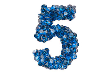 Number 5 from blue diamonds or sapphires with brilliant cut. 3D rendering