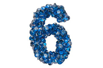 Number 6 from blue diamonds or sapphires with brilliant cut. 3D rendering